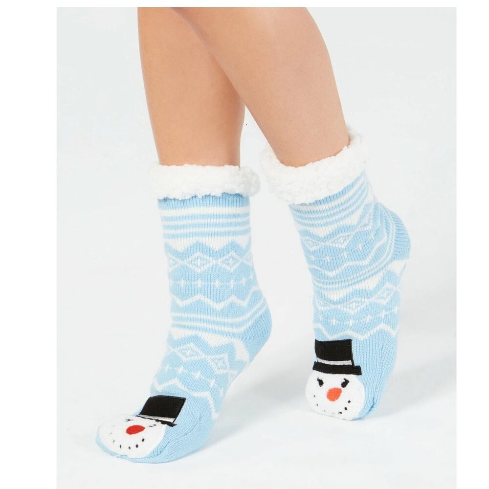 Charter Club Women's Christmas Snowman Fuzzy Face Slipper Socks, Light Blue